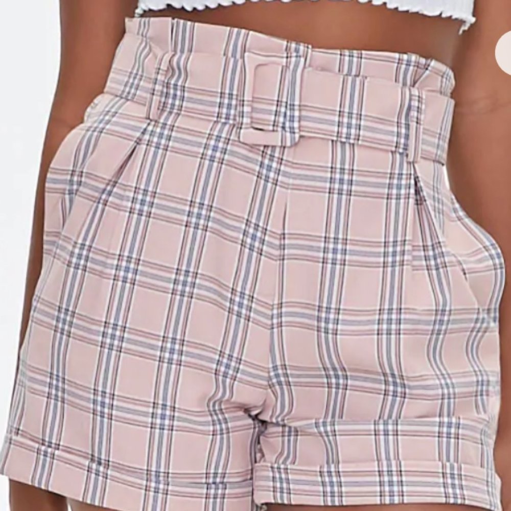 Forever 21 Pink Plaid Belted Cuff Shorts - Size Large